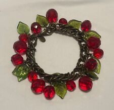 Vintage Sweet Romance Red Glass Cherries & Leaves Charm Bracelet USA 7-1/2” picture