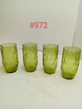 4 Vtg Anchor Hocking Drinking Glasses Tumbler Green Diamond Quilted Feather picture