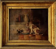 ANTIQUE 19TH CENTURY EUROPEAN DOG & BIRD OIL PAINTING OLD EUROPE REALISM 1880s picture