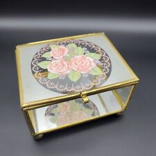 Vintage Hollywood Regency Vanity Jewelry Mirrored Glass & Brass Box Cottage Core picture