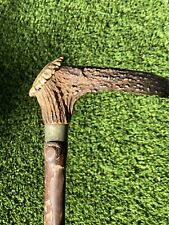 Vintage Antique 19C Walking Stick Cane Antler Stag Bamboo Shaft Metal Collar picture