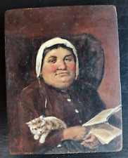 19th C. Small Oil/ Wood Panel Woman Holding Cat Along with Glasses & Newspaper picture