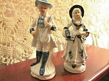 2 Vntg~Antq Blue Porcelain Colonial/Victorian Couple Man & Woman Figurines picture