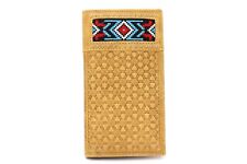 Western Bifold Wallet Tan Brown Checbook Genuine Leather Fabric Embroidery Studs picture
