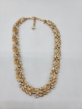 Vintage signed Trifari Faux Pearl Rhinestone Leaf Necklace Gold Tone picture