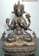 12“ Tibet Buddhism Bronze Gilt Inlay Gem 4 Arms Chenrezig Goddess Buddha Statue picture
