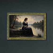 Moody Dark Art Print, Girl by a Lake, Dark Academia Decor, Framed Moody Wall Art picture