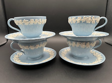 Beautiful Set of 4 WEDGWOOD Embossed Queen's Ware Footed Cup & Saucer Sets MINT picture