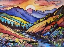 ORIGINAL Hand Painted Pen and Watercolor Art Card (ACEO) Rocket Mountain Stream picture