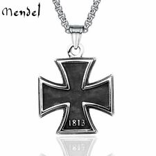MENDEL Mens Stainless Steel 1813 1949 WW2 German Iron Cross Pendant Necklace Men picture