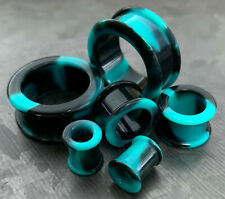 PAIR Teal & Black Swirl Galaxy Silicone Tunnel Plugs Double Flare Earlets Gauges picture