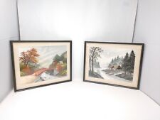 FRAMED PAIR 20th Century Japanese Silk Textile EMBROIDERY Landscape VINTAGE picture