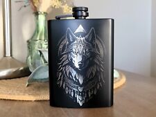 Liquor Hip Pocket Flask With Funnel, Engraved Spirit Wolf Art Booze Drink Gift picture