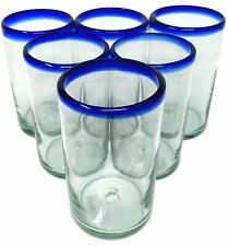 Hand Blown Mexican Drinking Glasses – Set of 6 Glasses with Cobalt Blue Rims... picture