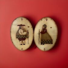 VINTAGE Pair Of Wooden Primitive Oval Plaques Quaint Old Fashioned Quaker picture