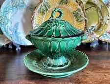 Antique French Majolica Jam Pot c.1890 in Green w/ Decoration of Vine Leaves picture