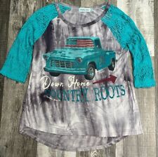 Southern Grace Down Home Country Roots Shirt Women’s Medium Gray Turquoise Mesh picture