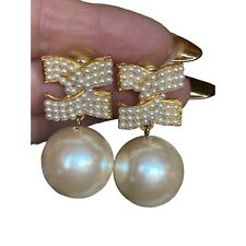 Anne Klein Couture vintage jewelry bow faux pearl dangle earrings picture