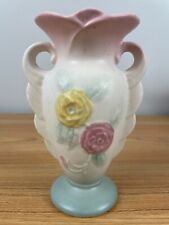 VINTAGE HULL #121 MATTE TEAL, CREAM & PINK OPEN ROSE DOUBLE HANDLED VASE-6 1/4” picture