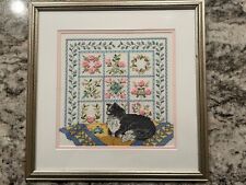 Vtg Large Needlepoint Cross stitch Cat and Quilt with Flowers Wall Art 15