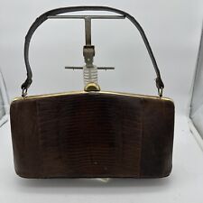 Vintage 50s Purse Handbag Brown Leather Lizard Look & Brass 11 in X 5 1/2 in picture