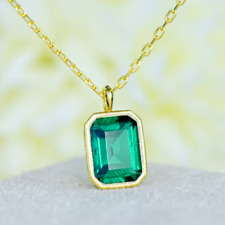 3Ct Emerald Cut Created Green Emerald Solitaire Pendant 14k Yellow Gold Finish picture
