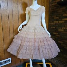 Vintage 50s Nude Illusion Lace Ombre Full Circle Party Prom Drop Waist Dress S picture