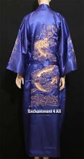 Handmade Embroidered DRAGON Design DOUBLE HAPPINESS Silk Satin Kimono Robe, Navy picture