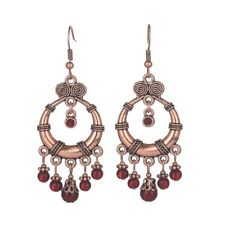 Bohemian Circle Red Garnet Tassel Chandelier Copper Earrings picture