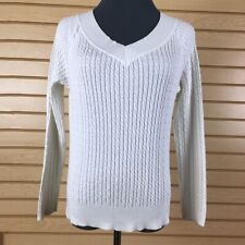 90s VINTAGE Talbots Cable-Knit Sweater Women M White Cotton Pullover picture