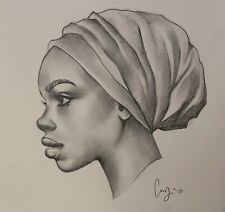 Original Fine Art  African American Girl Pencil Graphite Paper 9x11 Drawing picture