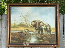 RARE VTG Vintage Mid Century AFRICA ELEPHANT Oil Painting African Wall Art picture