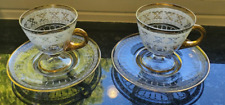 Pair Antique Lobmeyr Neffe White Lace Enameled Cup Saucer w Gilt Gold Rim Set B picture