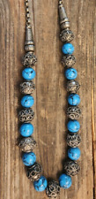 Vintage Silver Metal Wire Bali Beads Beaded Turquoise Howlite Tibetan Necklace picture