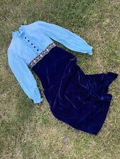 Vintage 1960s Blue Chiffon Victorian Empire Waist Blue Velvet Maxi Dress XXS picture