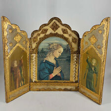 Vintage Italian Florentine Wood Tole Gilt Ornate Triptyc Mary Praying Angels picture