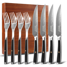 8PCS Steak Knives Set and Fork Non Serrated Dinner Knife Set Damascus Steel picture