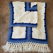 Vintage 1968 Hand Crochet Afghan Blanket Blue Beige w/ Tassels 54x66 Inch picture