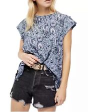 Free People T Shirt Oversized Dual Print Floral Blue Top Cap Sleeve Boxy XS Crew picture