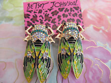 Betsey Johnson  Enamel Green Tone Locust Insect Long Rhinestone Earrings NEW picture