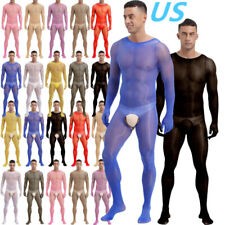 US Mens Glossy See-through Bodysuit Full Finger Gloves Bodystocking Pantyhose  picture