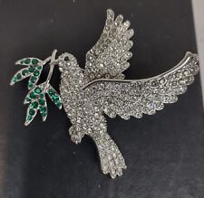 Vintage 3.5CT Round Cut Cubic  & Emerald Women's 935 Silver Tone Dove Brooch Pin picture