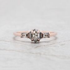 0.88 Ct Hexagon Salt And Pepper Diamond Ring 14K Rose Gold Engagement Gift Ring picture