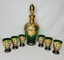 Vintage Bohemian Glass Cordial Set Emerald Green Gold Painted Decanter 6 Glasses picture