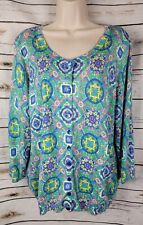 Talbots Floral Geo Sweater Cardigan 1X Button Green Blue Cotton Blend Womens picture