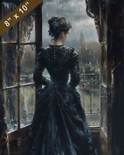 Victorian Woman in Black Dress at Window Vintage Painting 8x10 Print picture