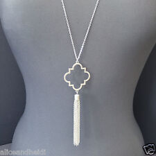 Long Antique Silver Chain Open Clover  Tassel Pendant Necklace & Earrings picture