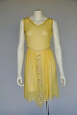 Antique 1920s Sheer Yellow Silk Floral Beaded Rhinestone Party Dress Flapper XS picture