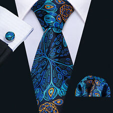 Barry Wang Mens Blue Peacock Silk Tie Novelty Necktie Hanky Cufflinks Set picture
