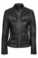 New Women Cafe Racer Moto Biker Distressed Black Vintage Real Leather Jacket picture